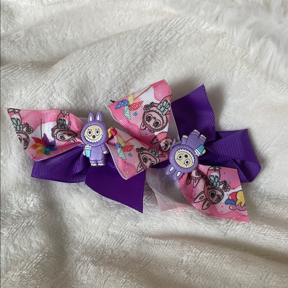 Purple and Pink Cartoon Labubu Monster Character set of two Hair Bows nwt